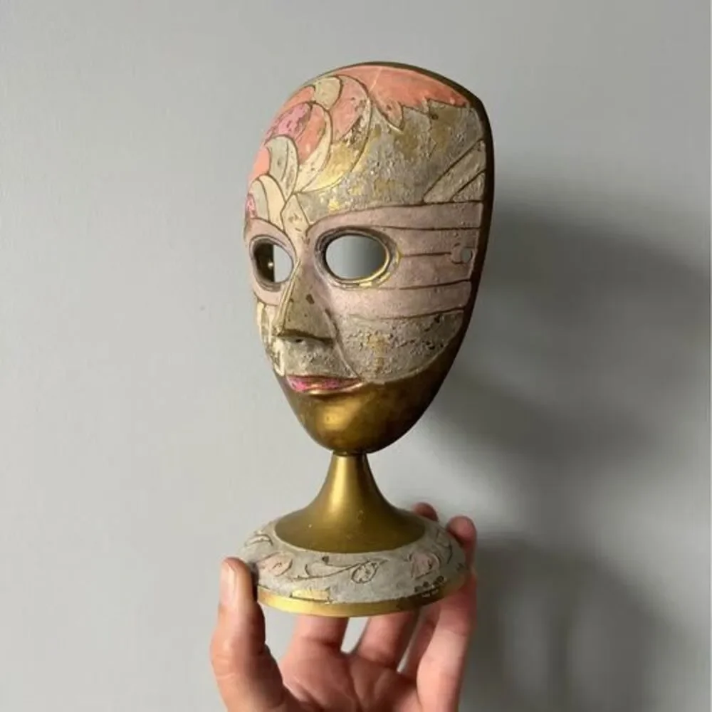 Vintage Multi-colored Painted Brass Standing Mask